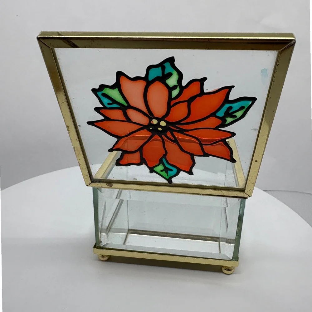 Vtg Glass Jewelry Box Poinsettia Stained Glass Hinged Keepsake Trinket Organizer